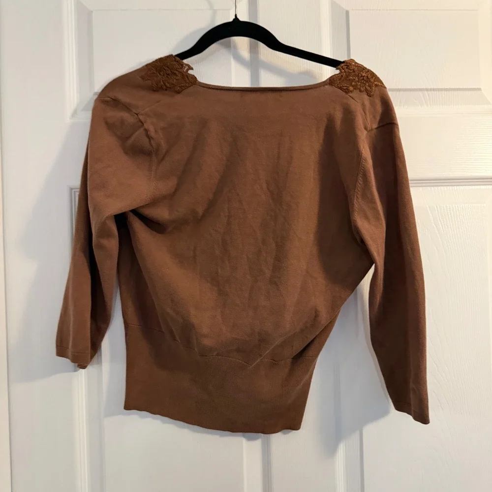 Mainbocher‎ Silk Blend Cardigan Brown Medium Lace Trim Romantic Work Office